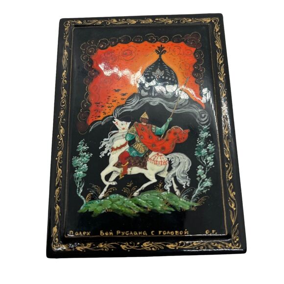 Russian Trinket Box Kholui Lacquer Wood Ruslan & Ludmila USSR Cold War Gift - Picture 2 of 16